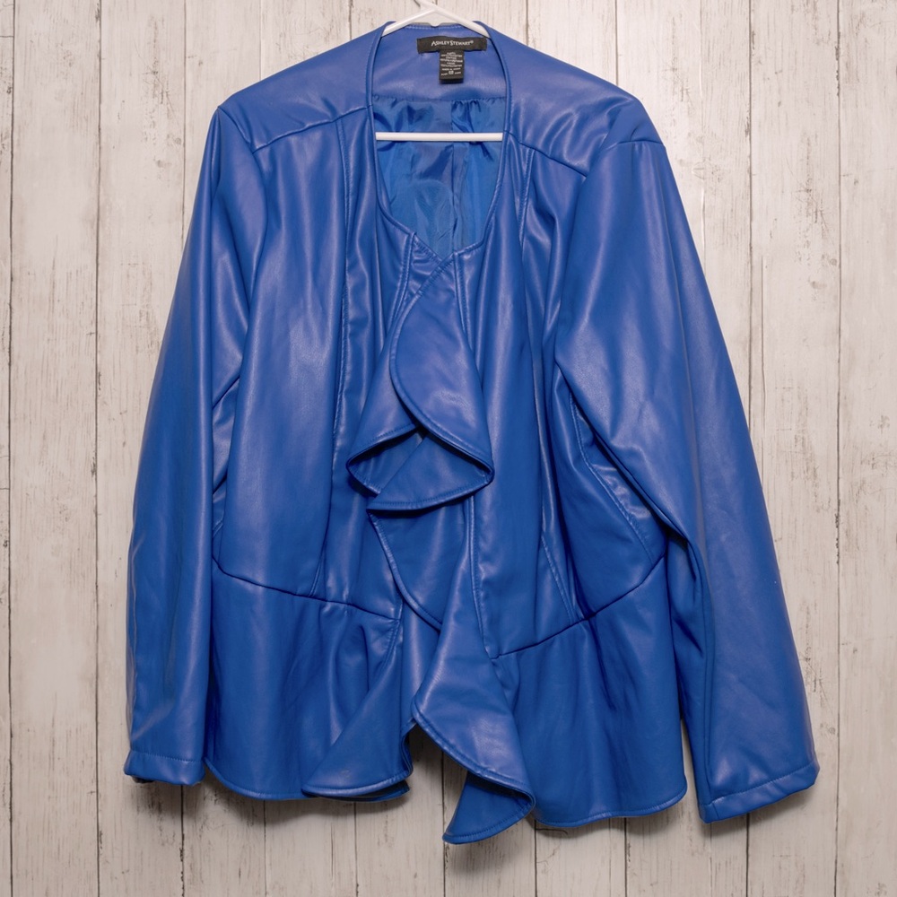 Blue Ashley Stewart pleather jacket. 
Fashionable and trendy!